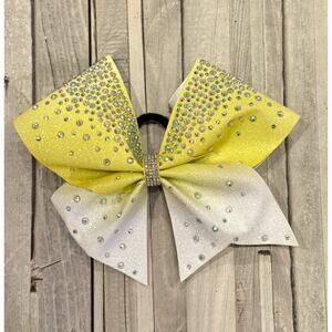 Girls Competition Cheer Bow – Yellow & White with Rhinestones